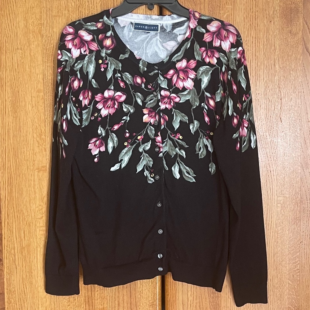 KAREN SCOTT Button Down Sweater Black Floral Size: Large